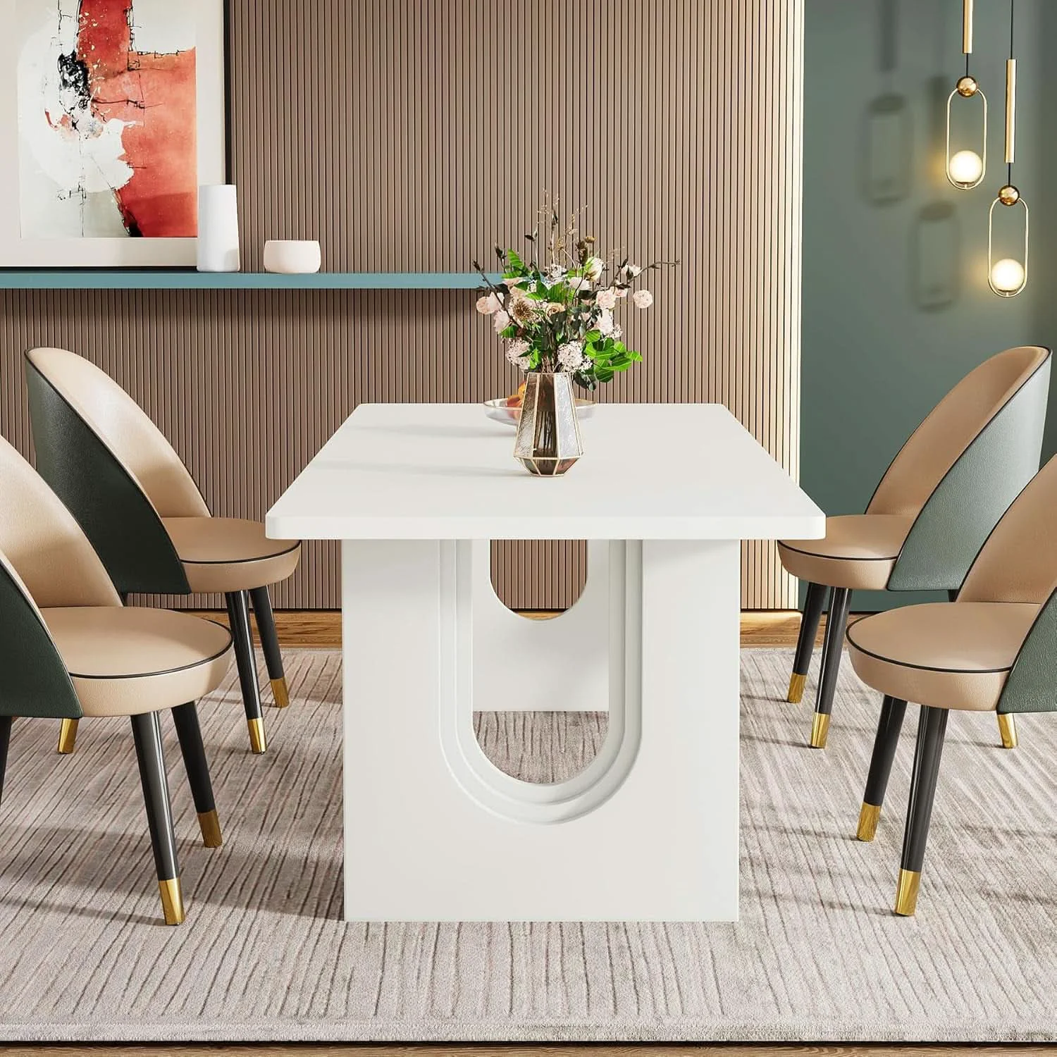 Soft Modern White Dining Table 71 Inch With Wood Pedestal Base Detailed