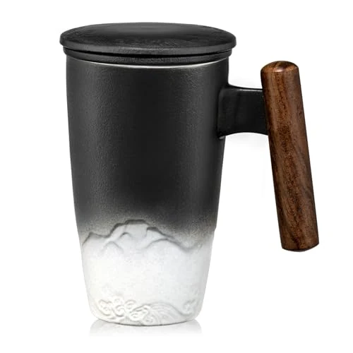 Green Tomotime Ceramic Tea Cup with Infuser and Lid Tea Mugs Wooden Handle 400ml User-Friendly