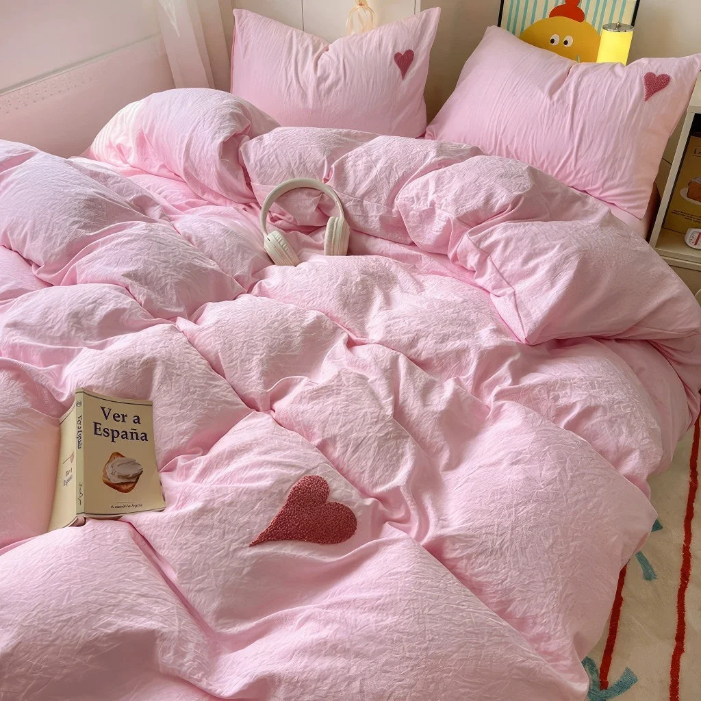 Long-Lasting Pink Washed Cotton Bedding Set With Red Embroidered Heart Healthy
