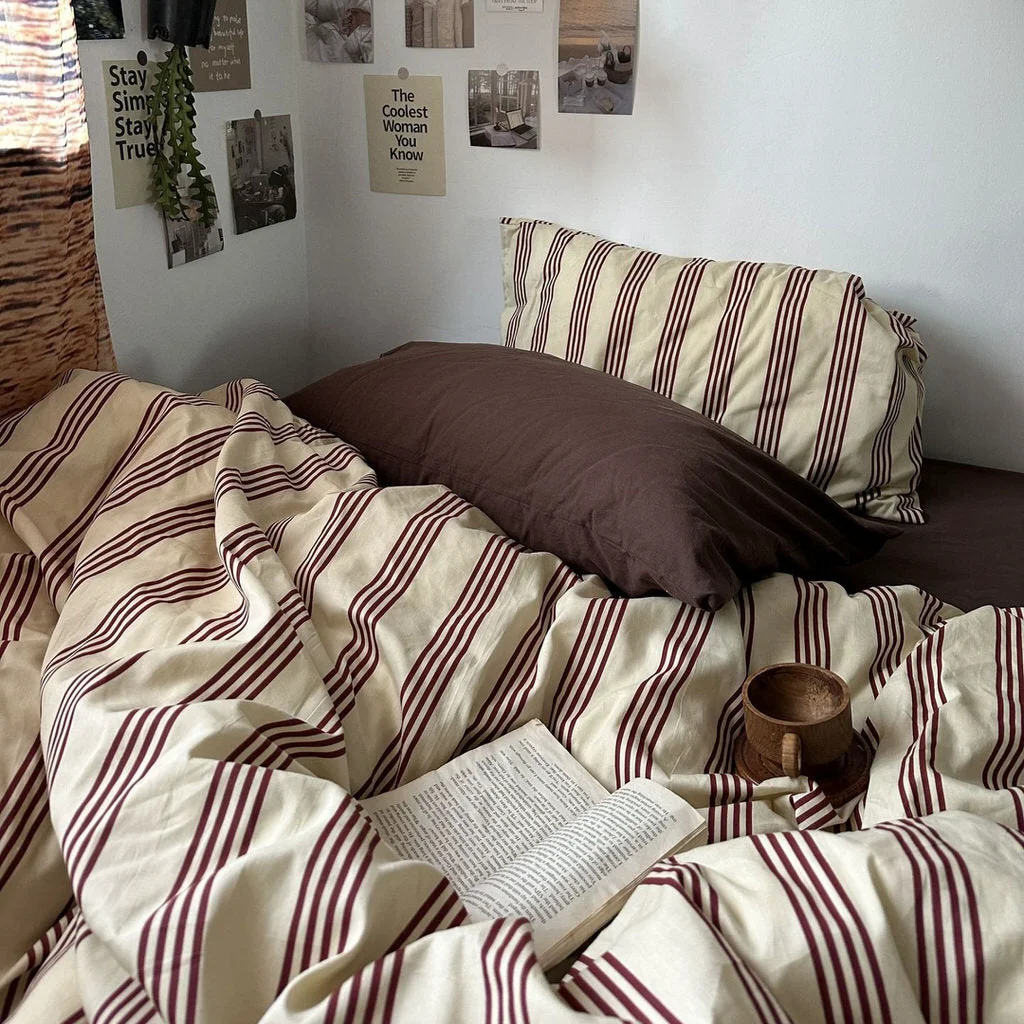 Classic Beige Brown Vintage Striped Bedding Set Verified