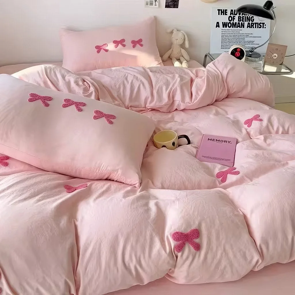 Pure Cute Embroidered Bows Coquette Bedding Set Minimalist