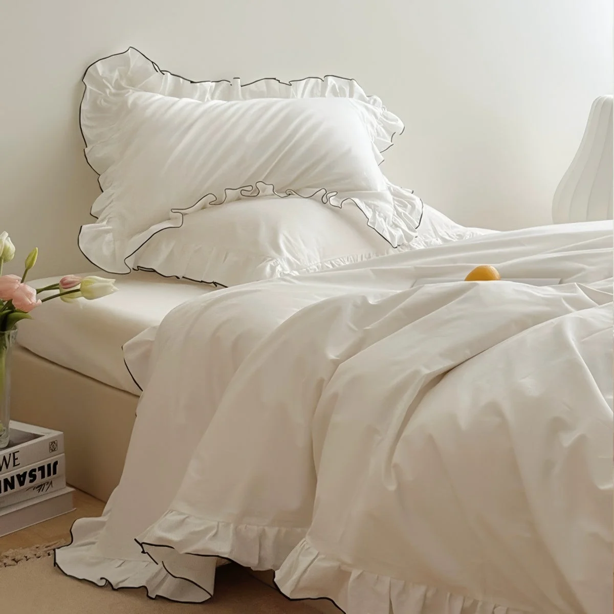 Fine Crafted Simple White Ruffle Edge Bedding Set Original