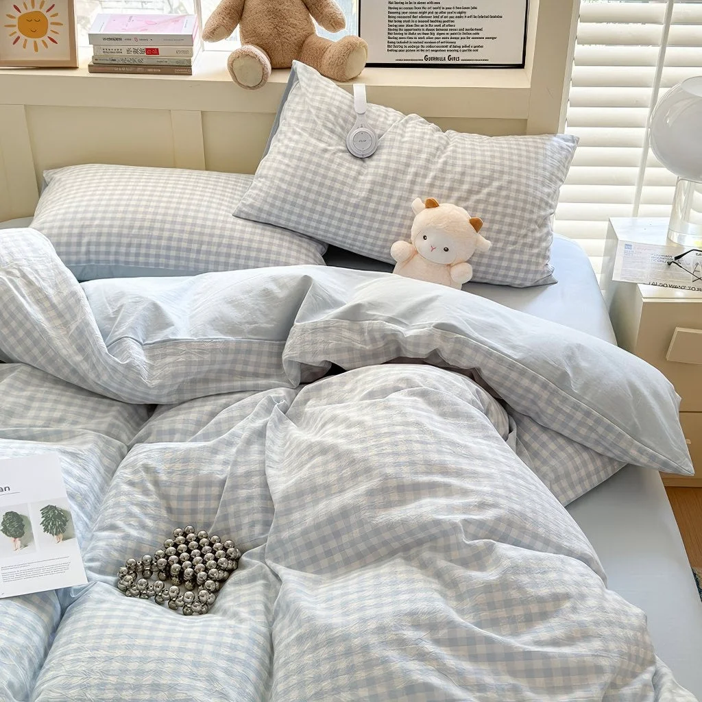 Innovative Pastel Plaid Double-Sided Bedding Set Soft
