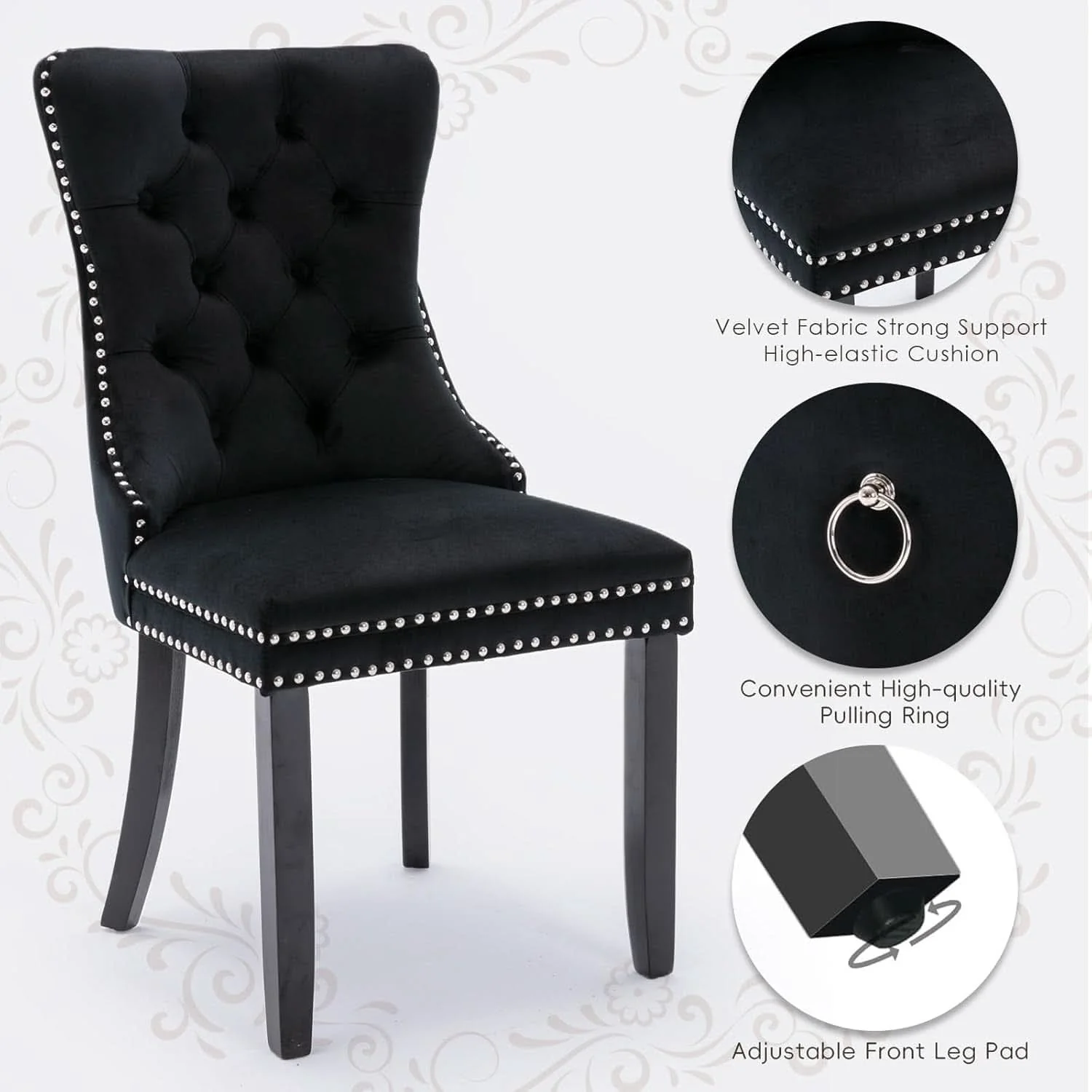 Professional Black Velvet Dining Chairs Set Of 4 With Nailhead Trim User-Friendly