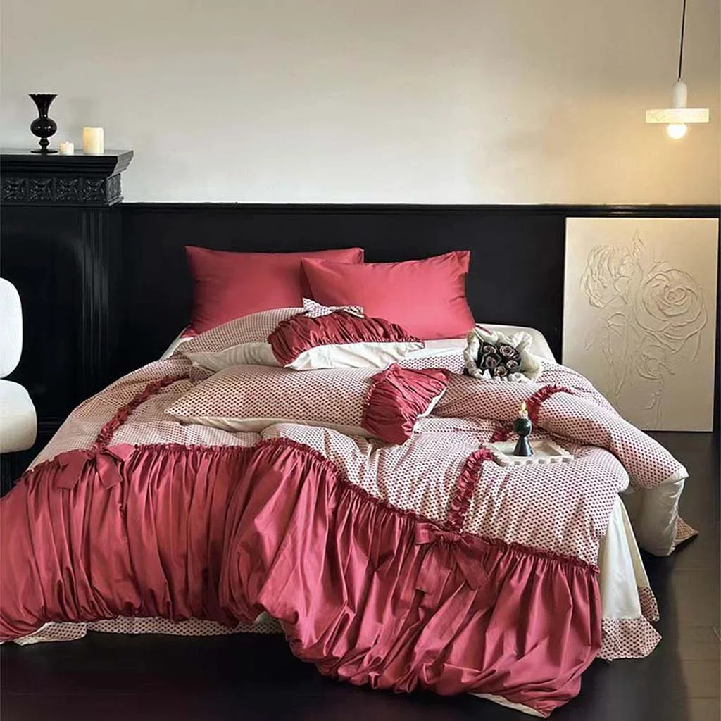High-Quality Red Heart Ruched Bow Bedding Set Enhanced