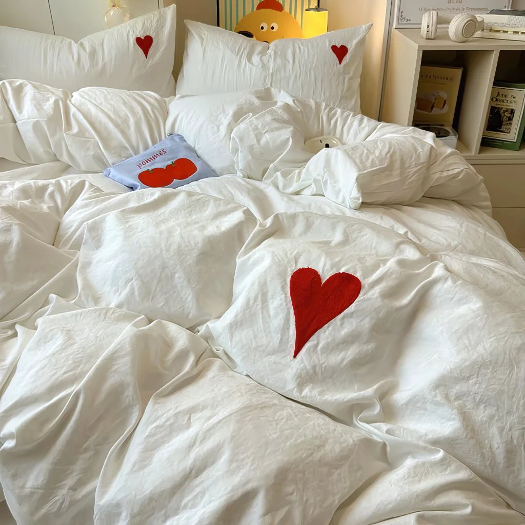 Secure White Washed Cotton Bedding Set With Red Embroidered Heart Exceptional