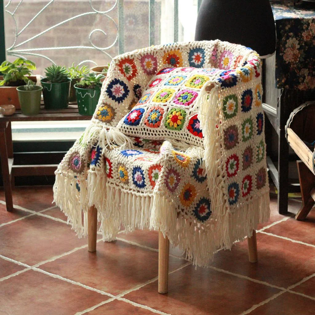 Sustainable Granny Square Crochet Blanket With Tassels Enhanced