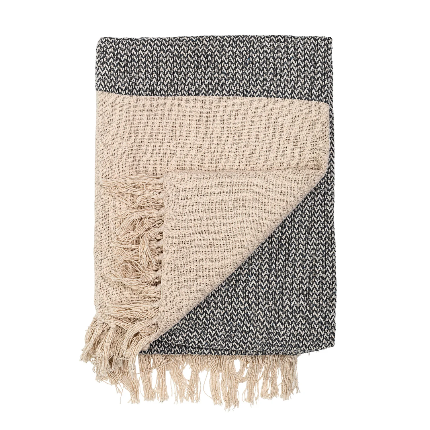 Organic Cotton Knit Throw Blanket Grey Cream with Fringe 60 x 50 Breathable