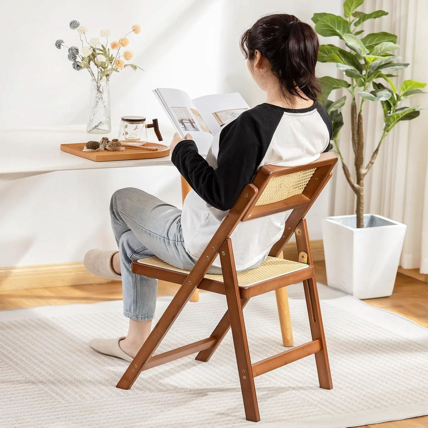 Quality Rattan Folding Dining Chairs Set Of 2 Walnut Indoor Outdoor Effective