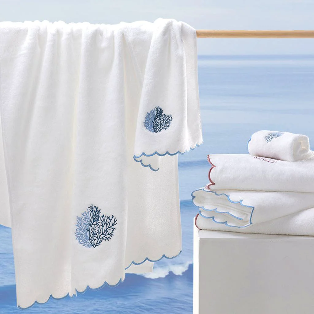 Original White Scalloped Edge Cotton Bath Sheets with Coral Embroidery – Set of 2 Colors Sustainable