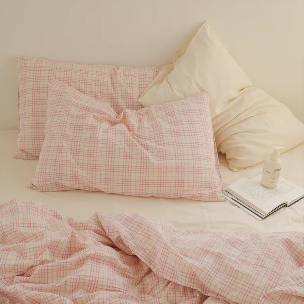 Powerful Soft Pink Plaid Cotton Duvet Cover Consistent