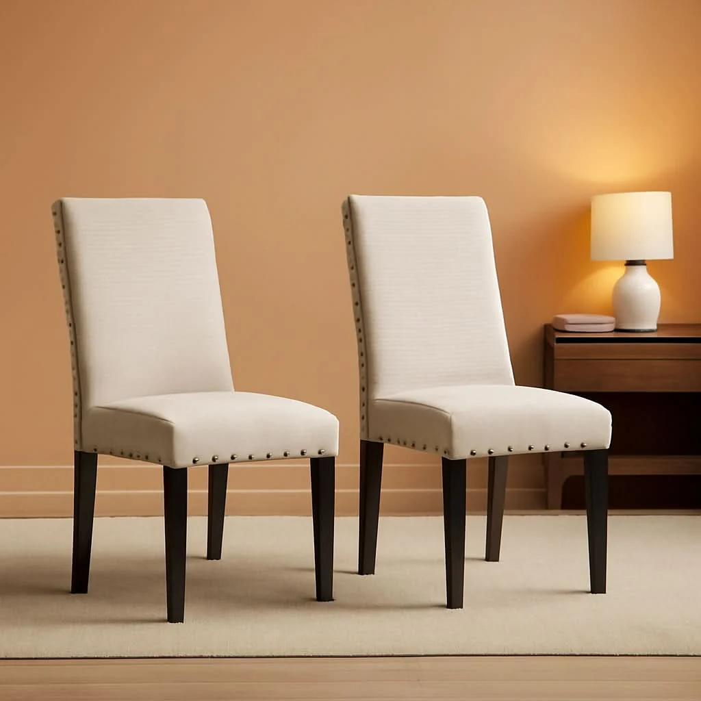 Carefully Designed Tan Fabric Dining Chairs With Nailhead Trim Set Of 2 Selected
