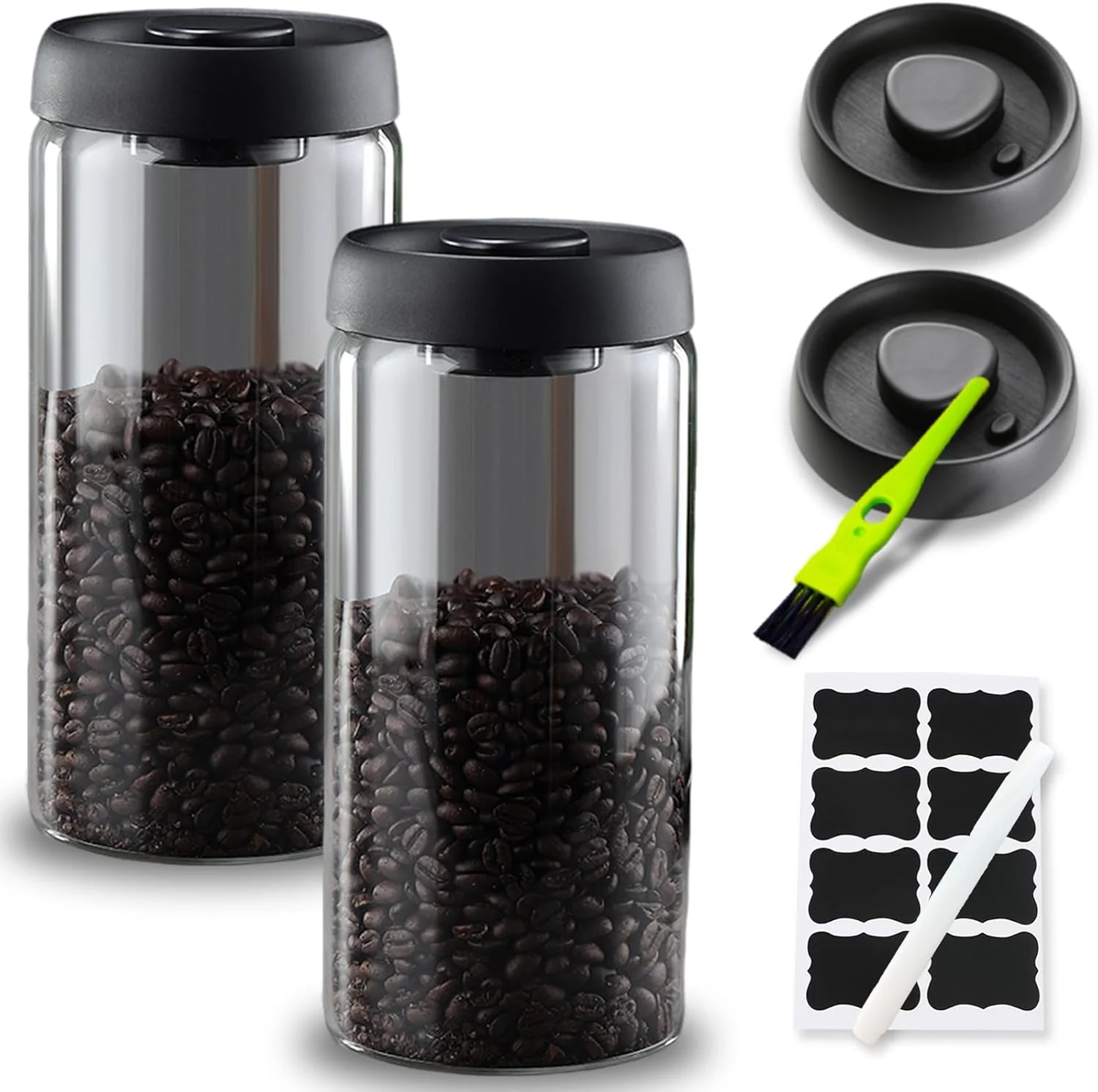 Exceptional Vacuum Coffee Canister 2PCS 61FLOZ Borosilicate Glass Jar with Spare Airtight lid Label Brush Fast