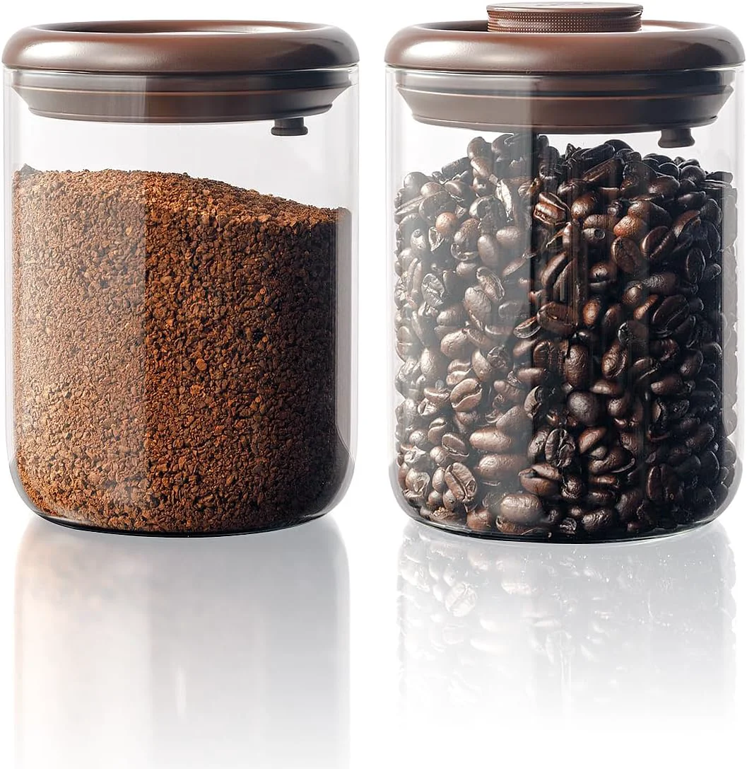 Artisan Coffee Container 10 oz Airtight Glass Storage Canister 2 Pack Pop Lids Separate Espresso Whole Bean and Ground Varieties with One-way CO₂ Valves and Glass Bodies for Easy Refill Checks Original Design