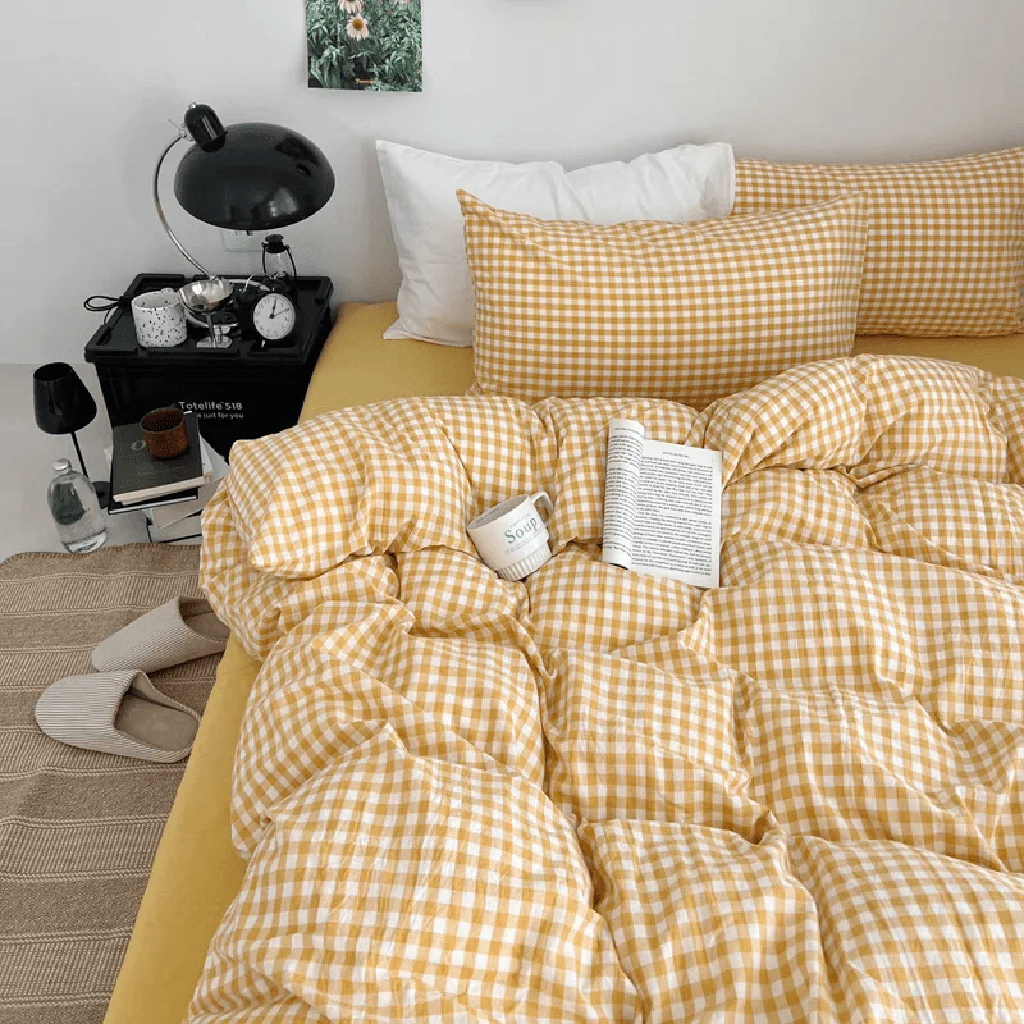 Professional Yellow Gingham Duvet Cover Set Long-Lasting