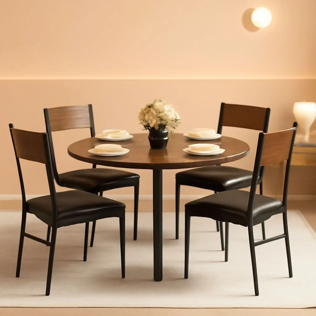 Efficient Round Dining Table Set For Four Walnut Wood Finish Metal Lightweight