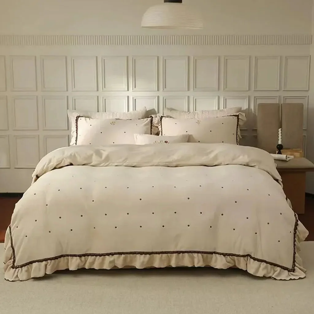 Sustainable Polka Dot Embroidery Bedding Set with Ruffle Organic