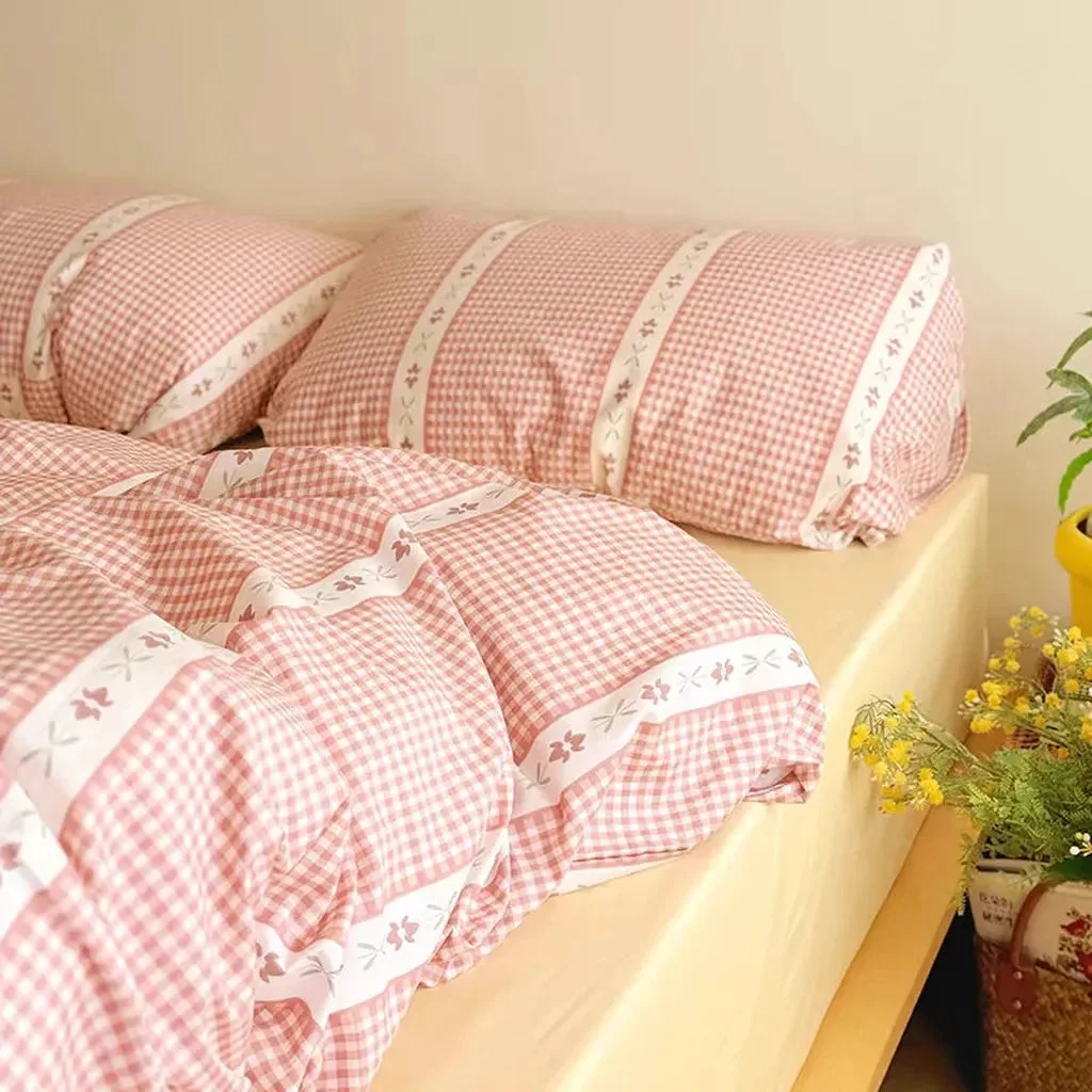 Durable Rustic Pink Gingham Duvet Cover Set Next-Generation
