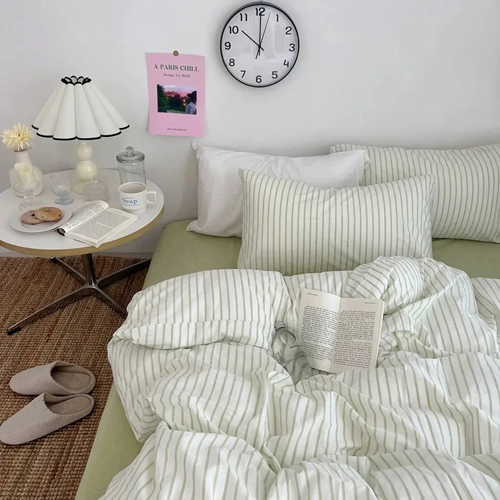 Authentic Green Striped Duvet Cover Natural