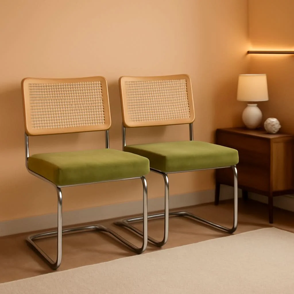 Organic Green Handwoven Cane Dining Chairs Set Of 2 Chrome Base Solid