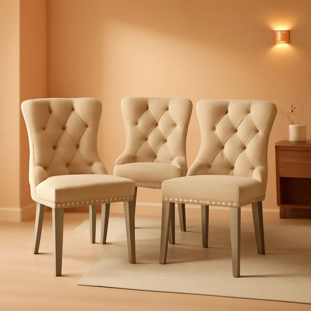 Organic Leather Wingback Dining Chairs Set Of 4 Beige Nailhead Trim Classic