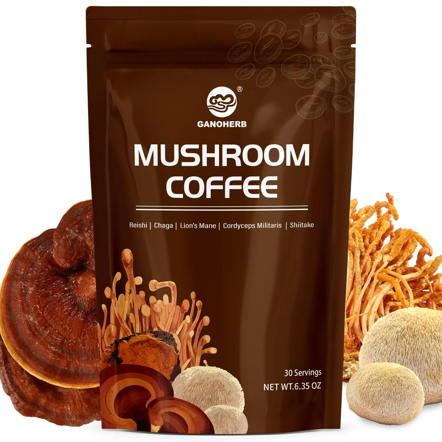 Solid GANOHERB Instant Mushroom Coffee Powder Arabica Coffee Mix with 5 Adaptogen Mushrooms Lions Mane Reishi Chaga Cordyceps Shiitake and MCT Oil for Energy and Focus 6.35oz 30 Servings Superior
