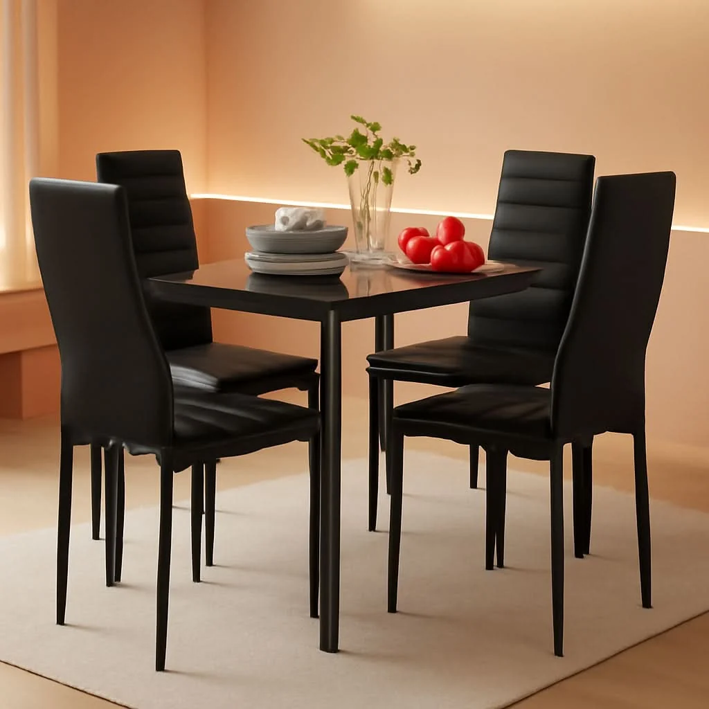 Top-Quality Glass Top Dining Table Set With Steel Frame Leather Chairs Authentic
