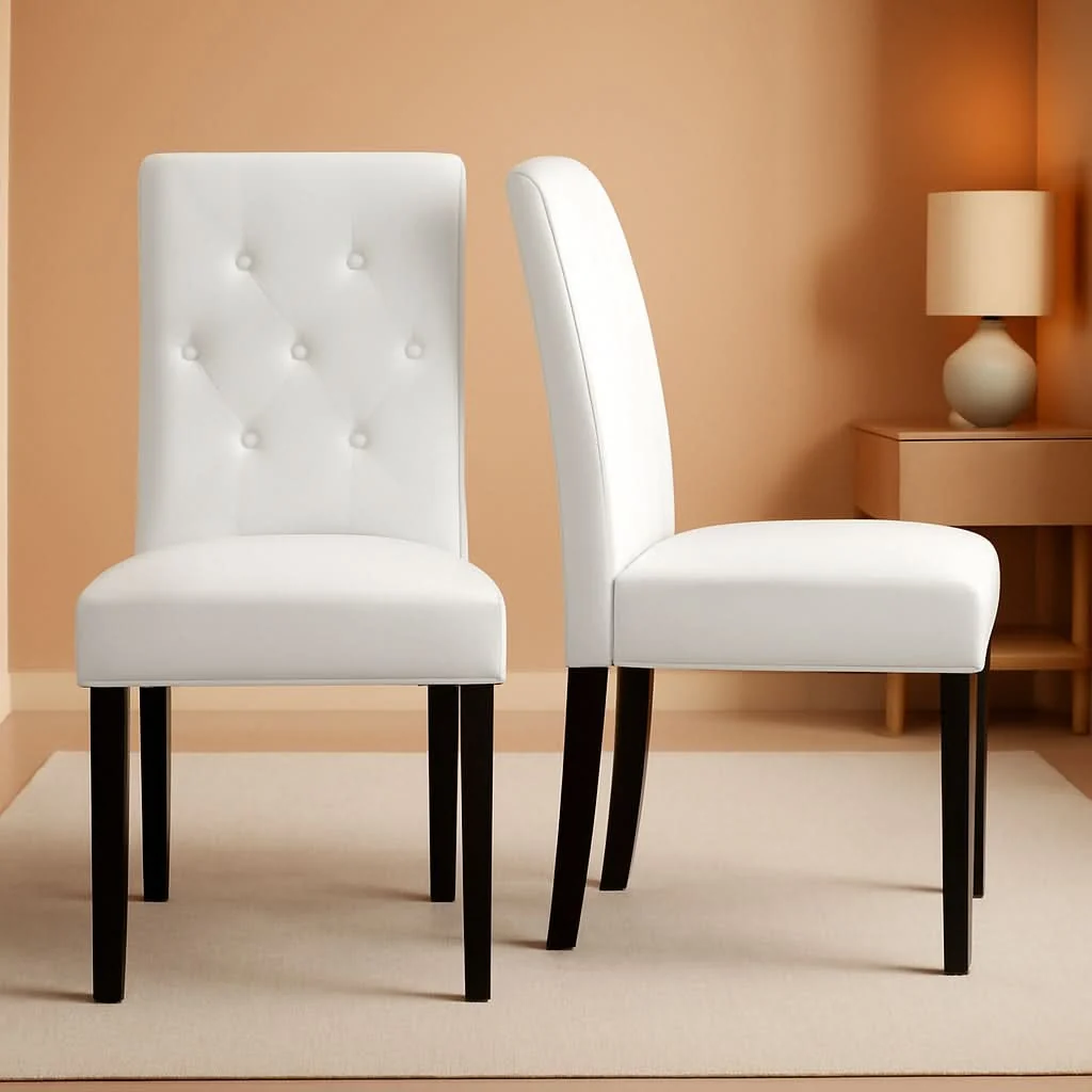 Exclusive Tufted Leather Dining Chairs Set of 2 White Wood Legs Minimalist