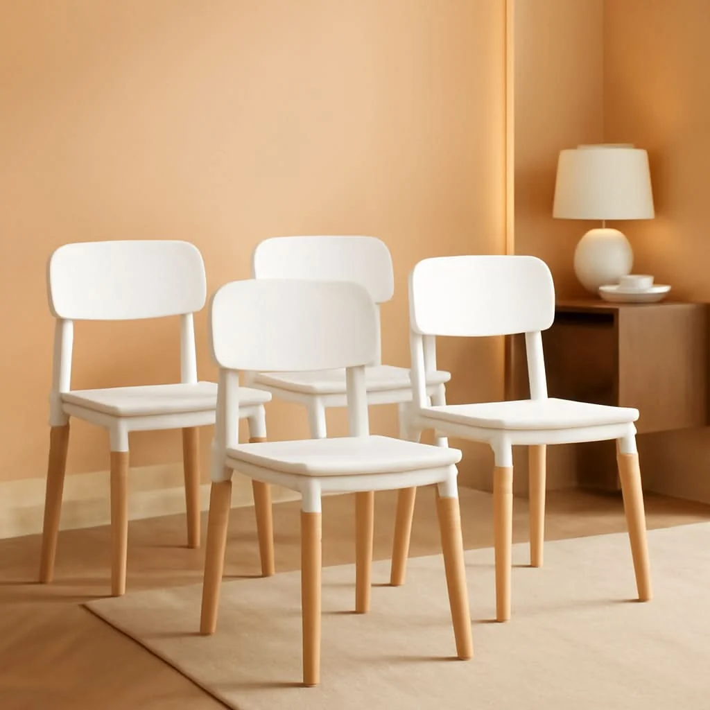 Casual White Wooden Dining Chairs Set of 4 With Ergonomic Backrest Original Design