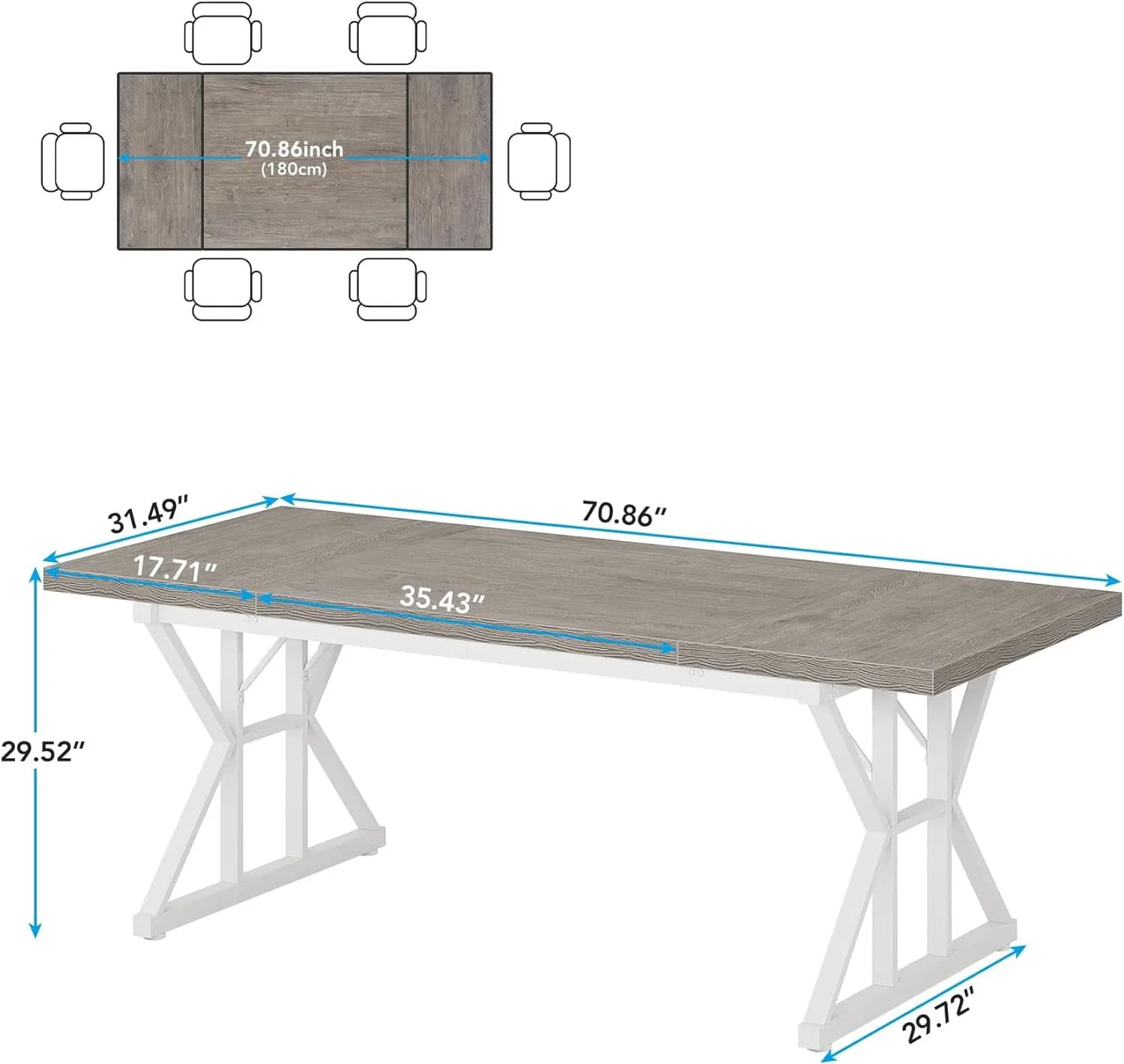 Premium Farmhouse 6 Person Dining Table 70.8 Inch Grey Wood Table Modern