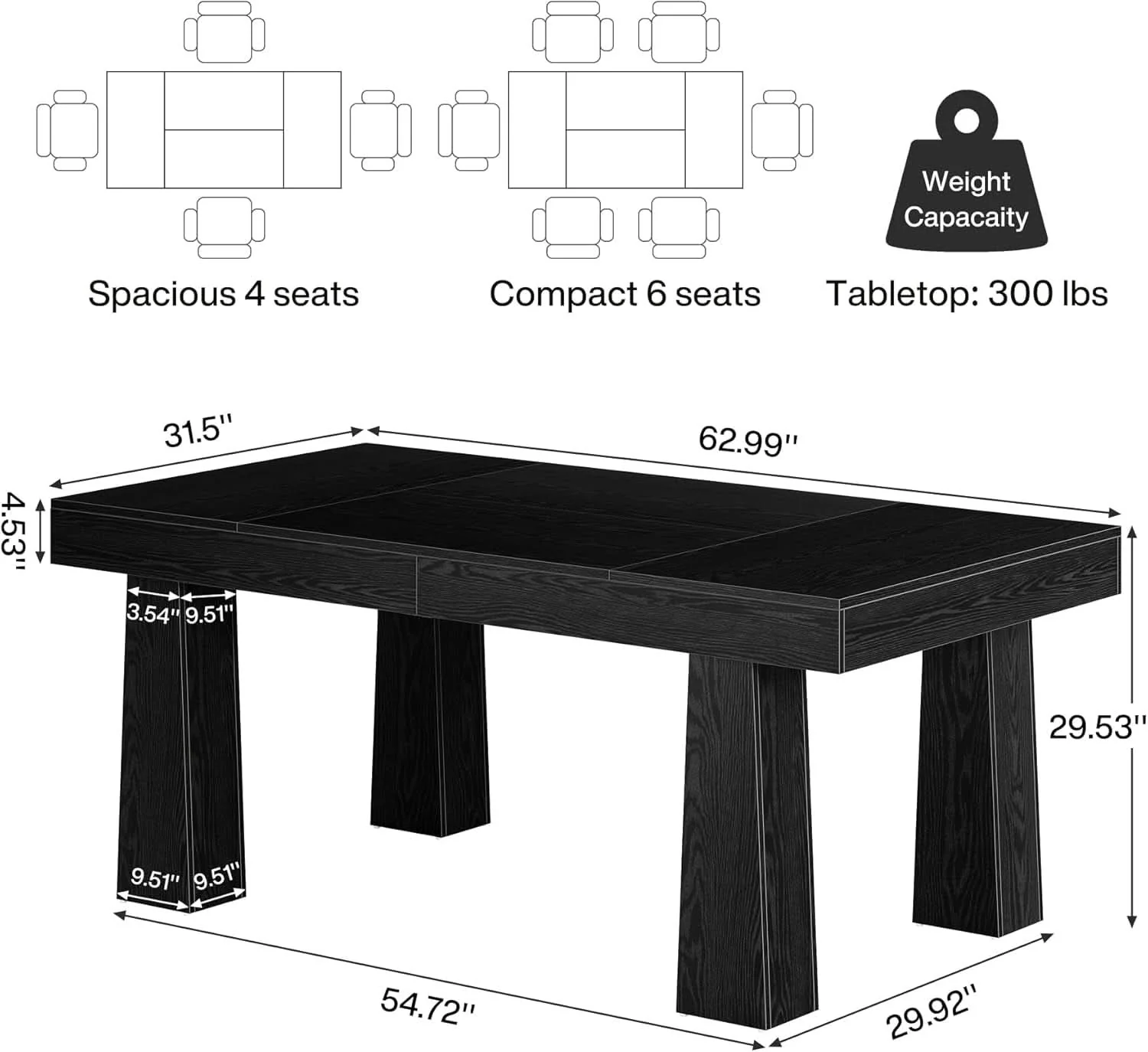 Practical 63 Inch Black Rectangular Dining Table With Heavy Duty Legs Solid