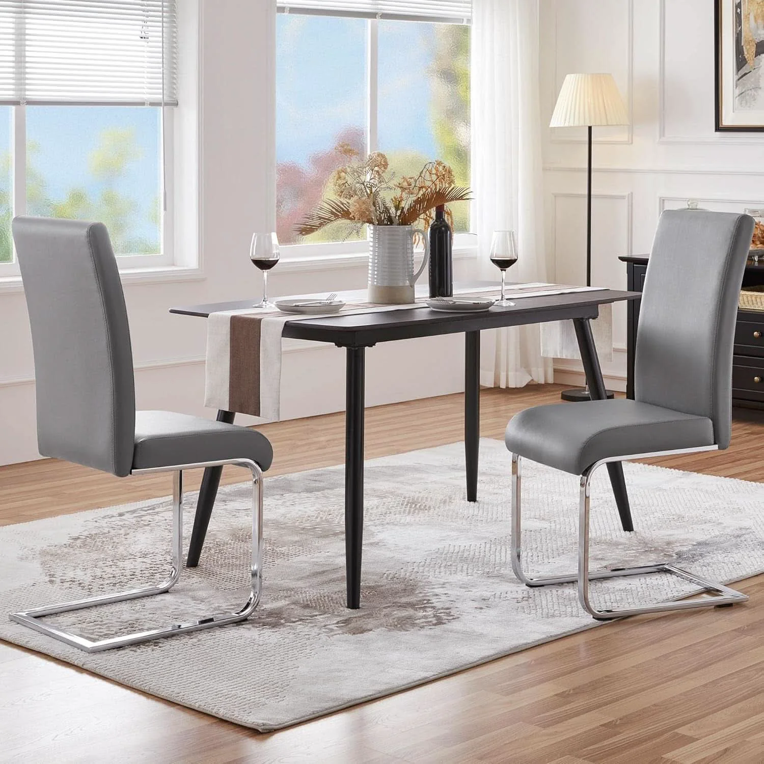 Genuine Gray PU Leather Dining Chairs For Kitchen Set Of 2 Smart