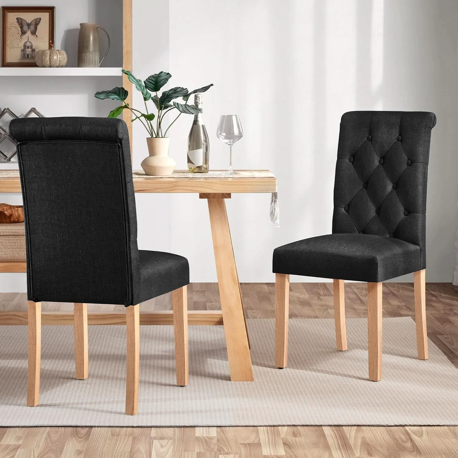 Natural Tufted Upholstered Dining Chair Pair With Solid Wood Legs Black Pure