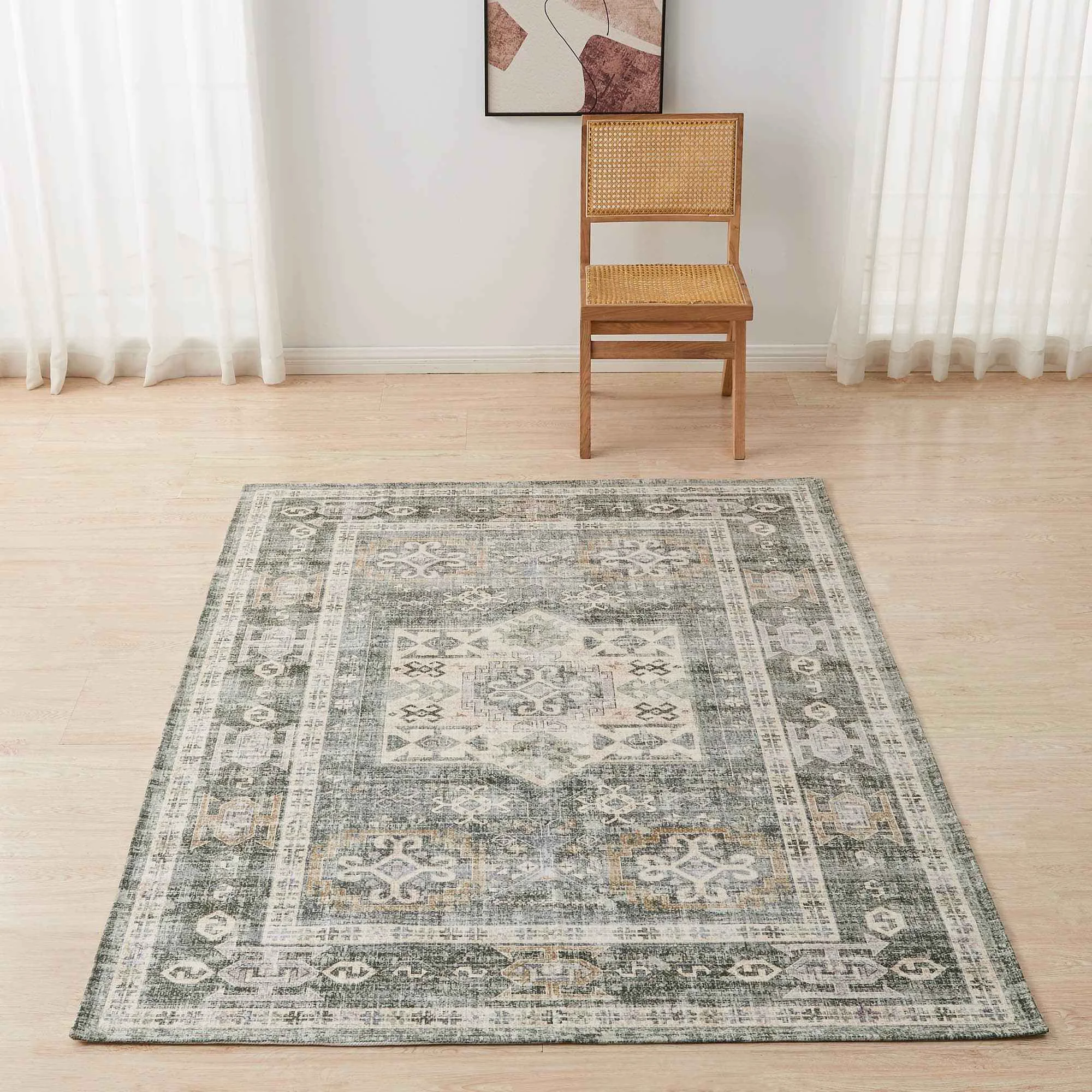 Green Medallion Machine Washable Accent Area Rug 5′ x 7′ – Nava Collection Long-Lasting