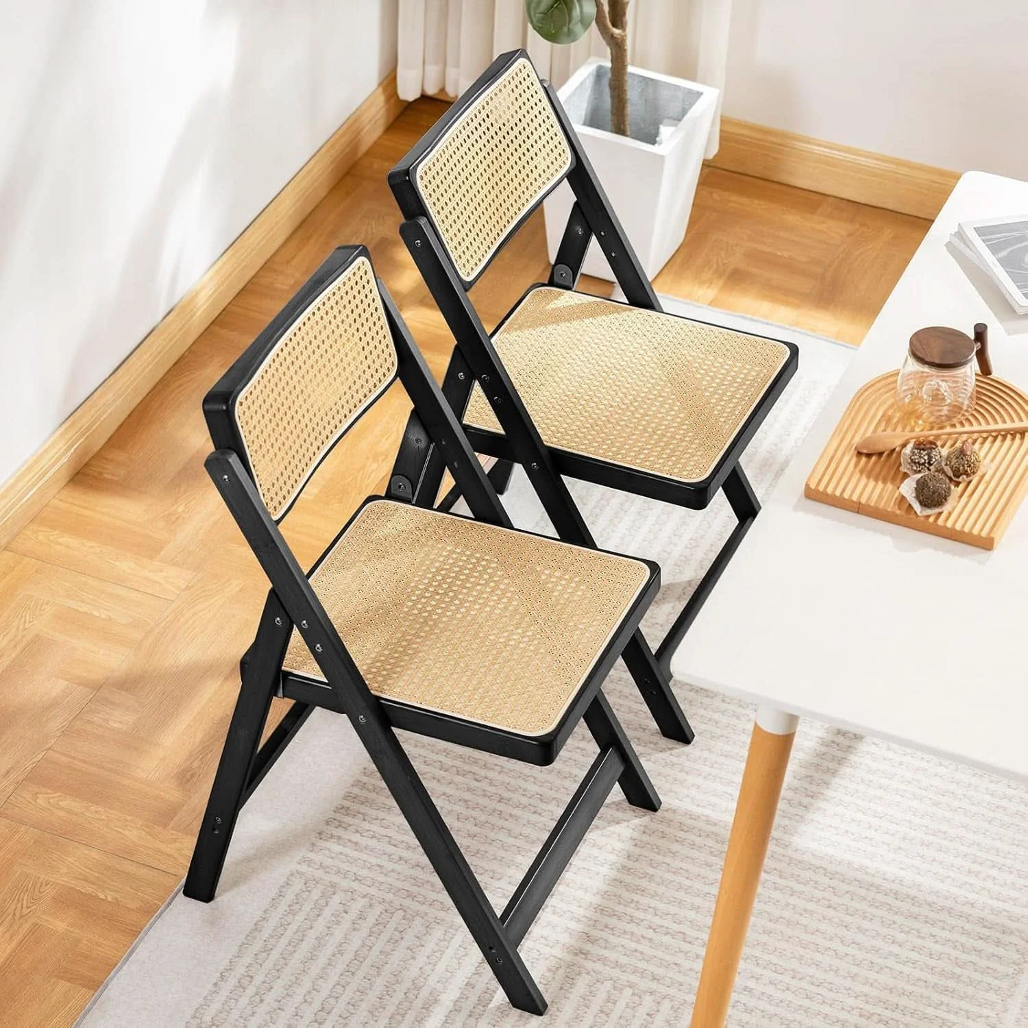 Environmentally Friendly Rattan Folding Dining Chairs Set Of 2 Black Mid Century Modern