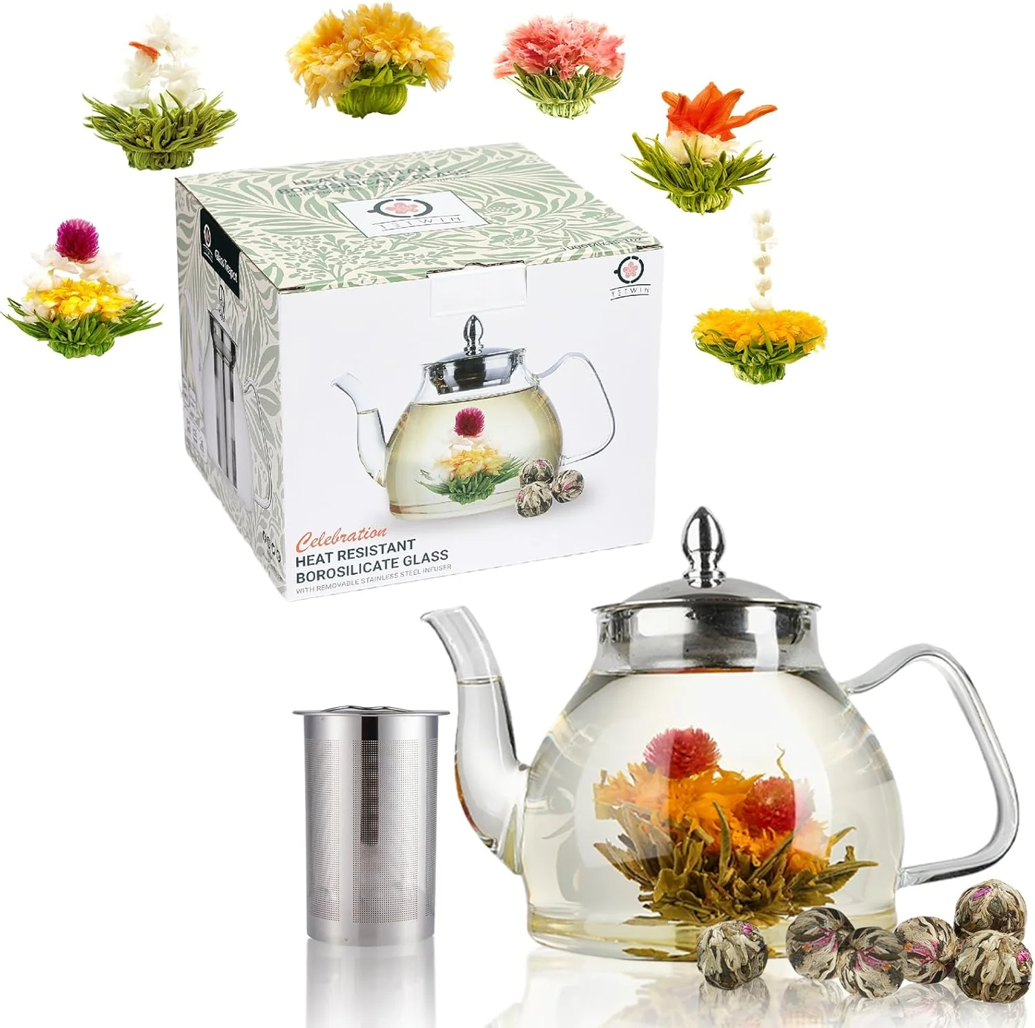 Premium Tetwin Glass Teapot Including 6 Blooming Flower Tea Balls Stovetop Safe Tea Pot with Removable Infuser for Loose Leaf Tea 1000ml 33.8oz Natural