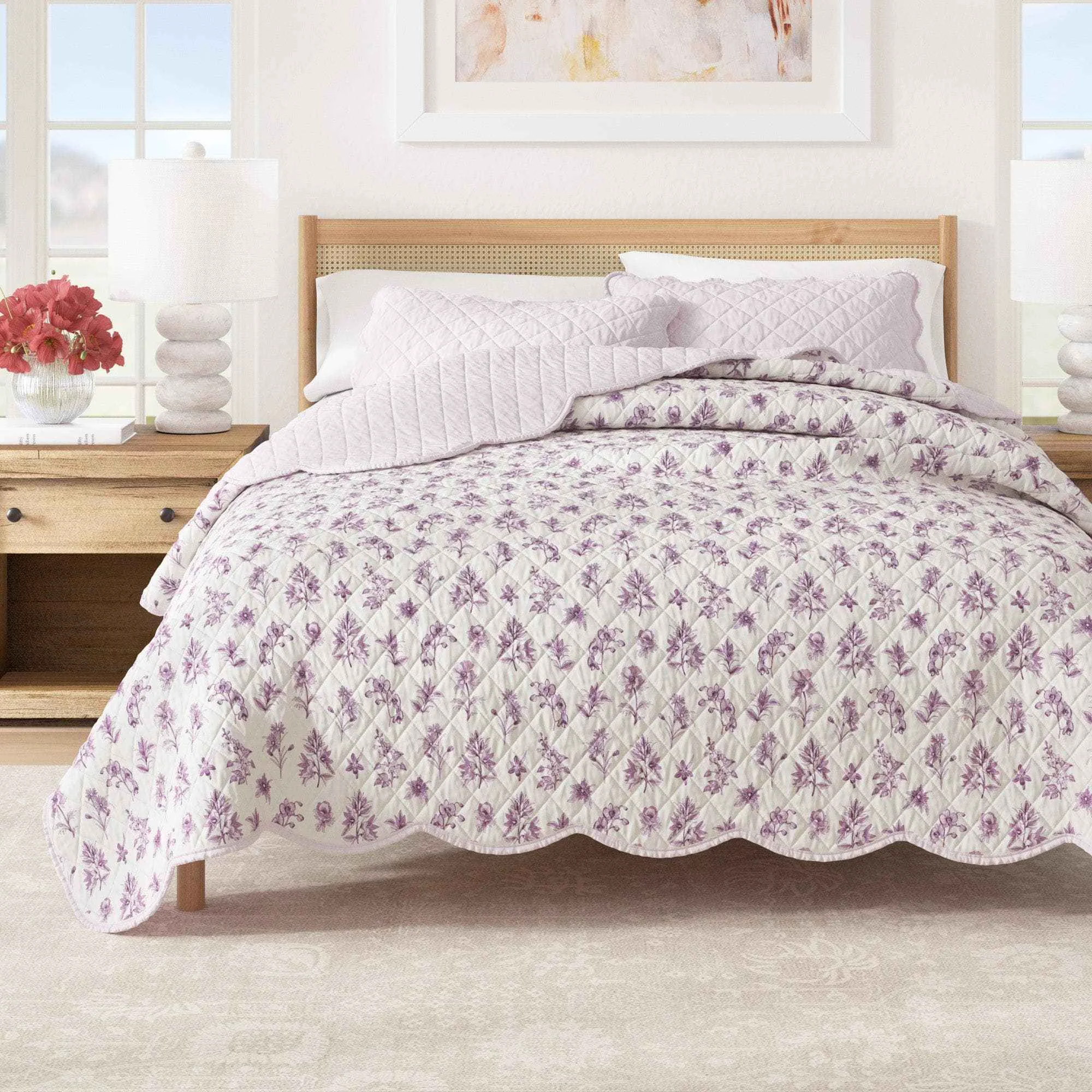 Detailed Floral Print Scallopeded Edge Cotton Quilt Set – Sandie Collection Durable