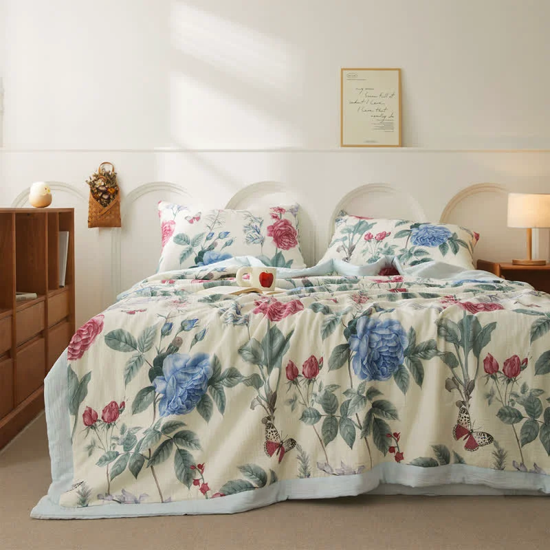 High-Grade Cotton Gauze Luxurious Peony Soft Quilt Refined