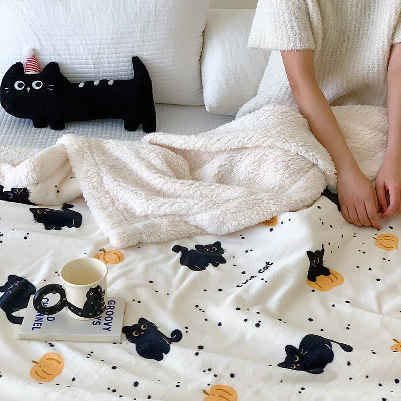 Smooth Cute Cat Pumpkin Fleece Blanket Easy-to-Use