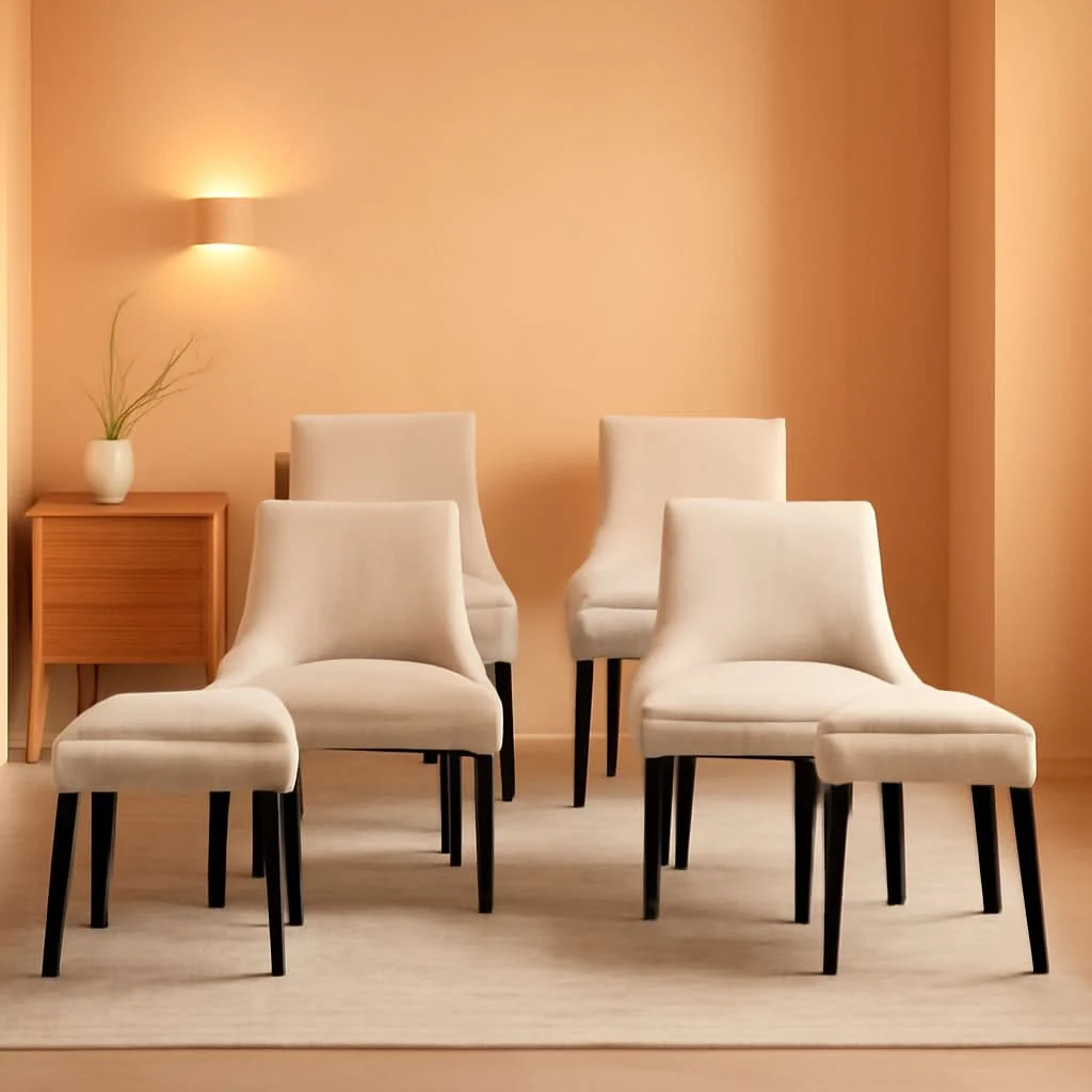 Authentic Beige Corduroy Dining Chairs With Wood Legs Set Of 6 Detailed