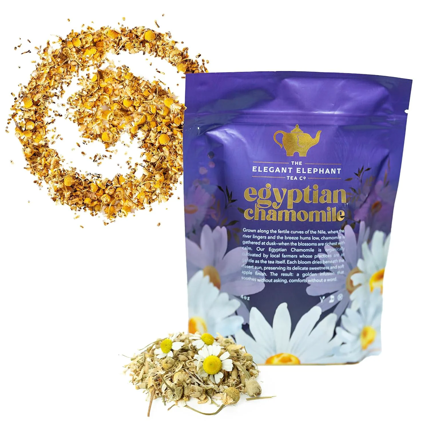 Powerful Egyptian Chamomile Tea Organic Loose Leaf Herbal Tea – Cozy Calming – Supports Stress Relief Relaxation amp Sleep – 4 oz Resealable Bag Makes 50 Cups – The Elegant Elephant Certified