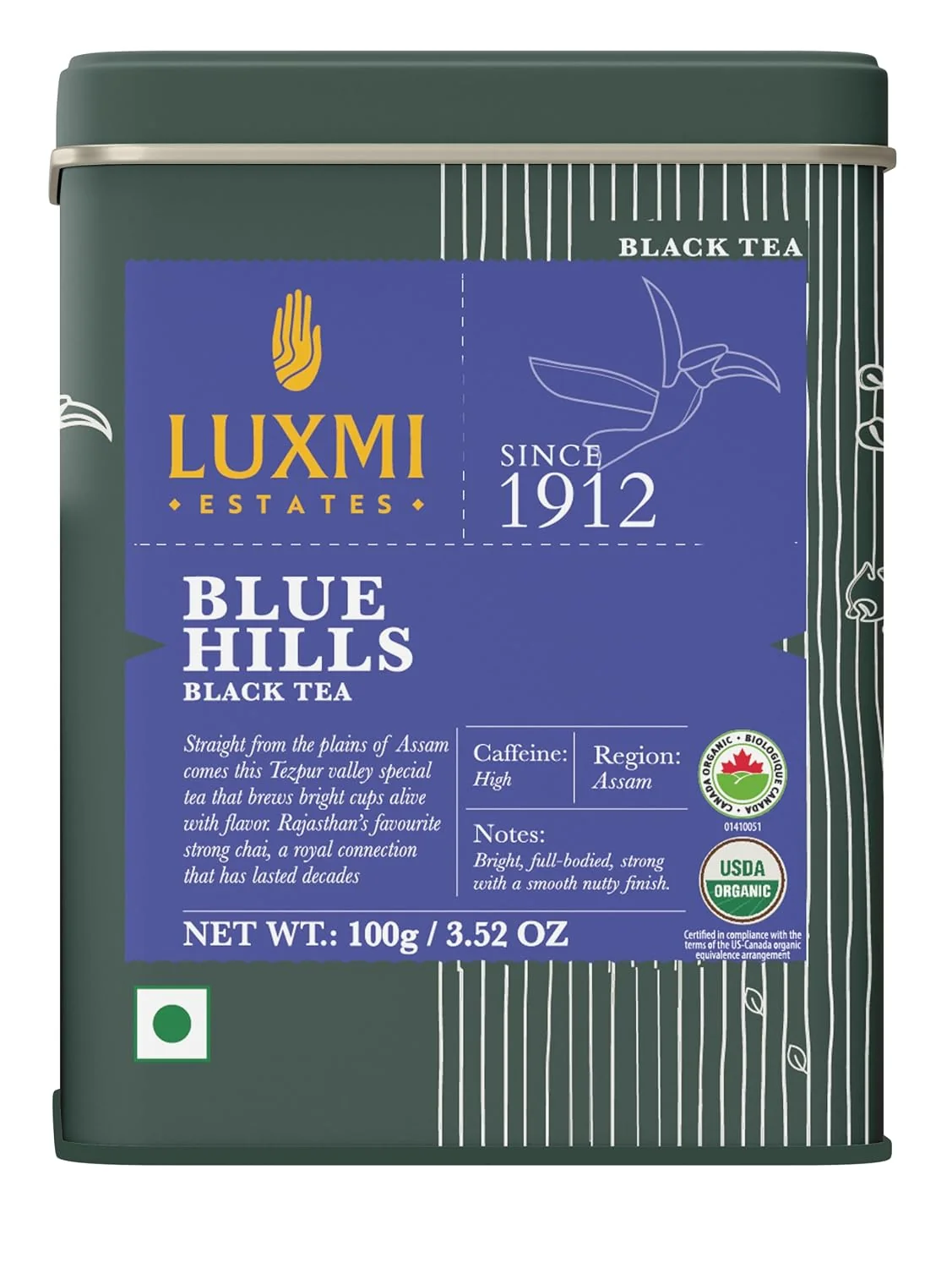 Breathable Luxmi Estates – Blue Hills CTC Black Tea 100gm 3.52 Oz loose leaf tin Caddy Smart