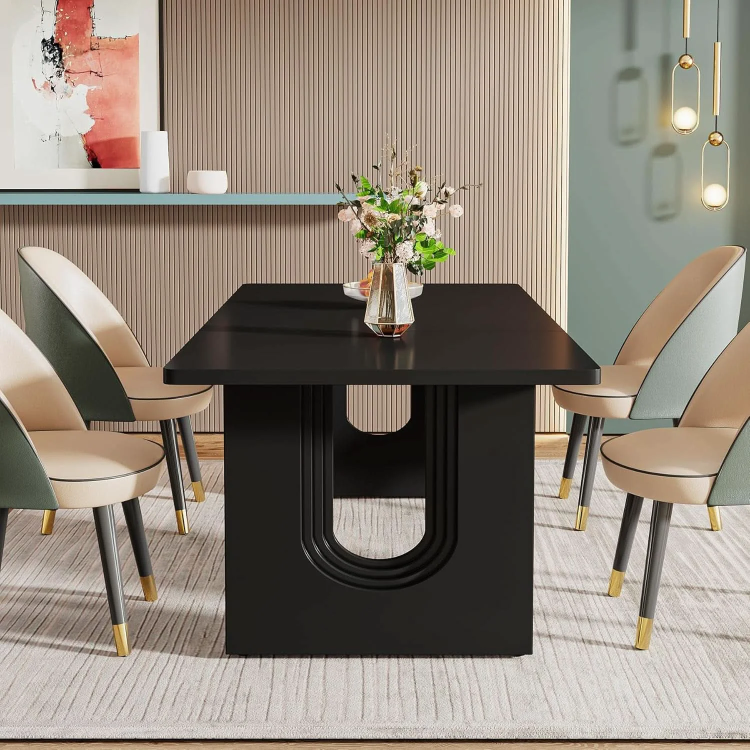 Flexible Black 71 Inch Dining Table For Six With Wood Pedestal Professional