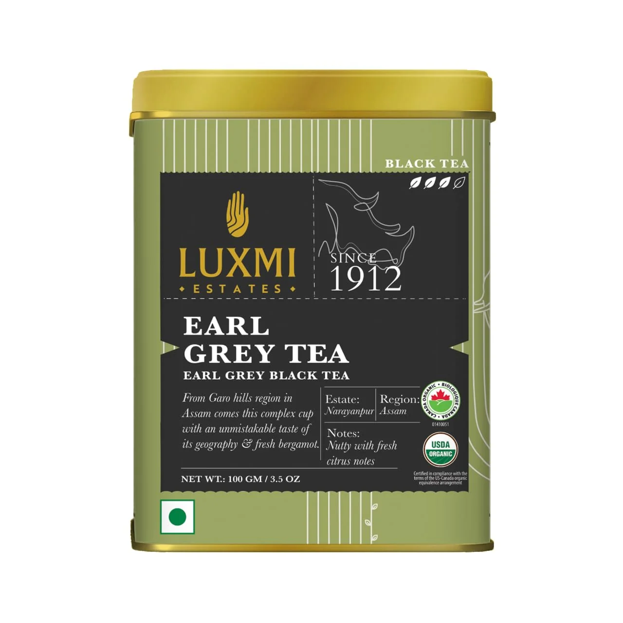 Top-Quality Luxmi Estates Garo Hills Earl Grey Tea 100gm Tin Organic Black Tea Modern