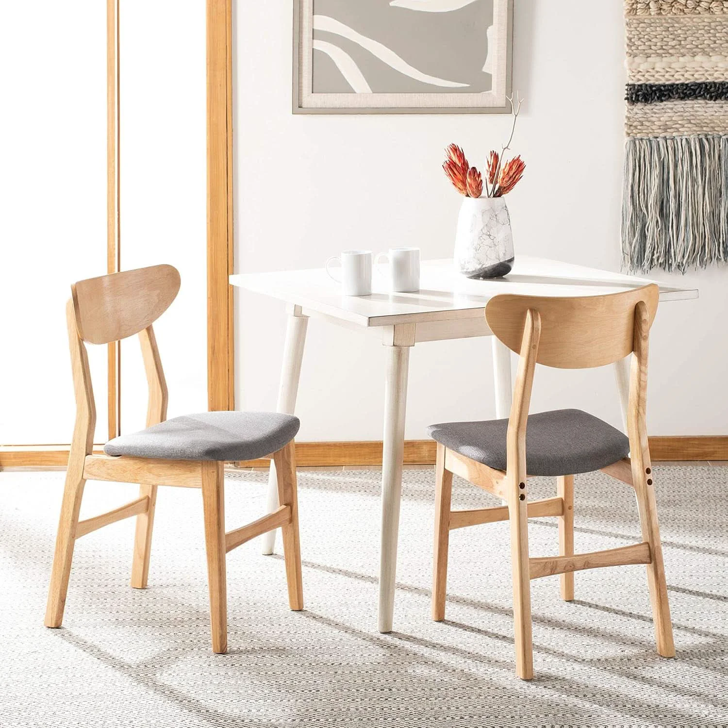 Long-Lasting Dining Chair Set Of 2 With Grey Cushions And Natural Wood Expertly Made