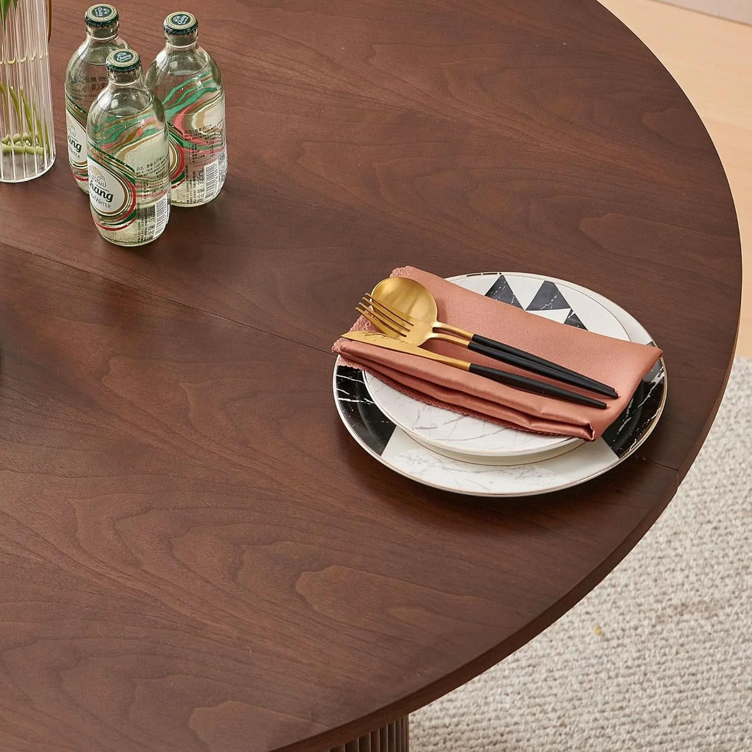 Reusable Forty Seven Inch Round Dining Table Set Walnut Finish Woodgrain Chairs Expertly Made