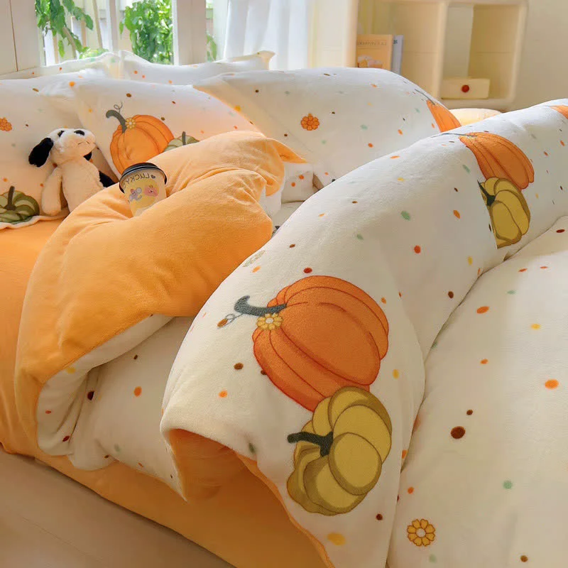 Outstanding Pastoral Pumpkin Plush Fleece Bedding Set 4PCS Minimalist