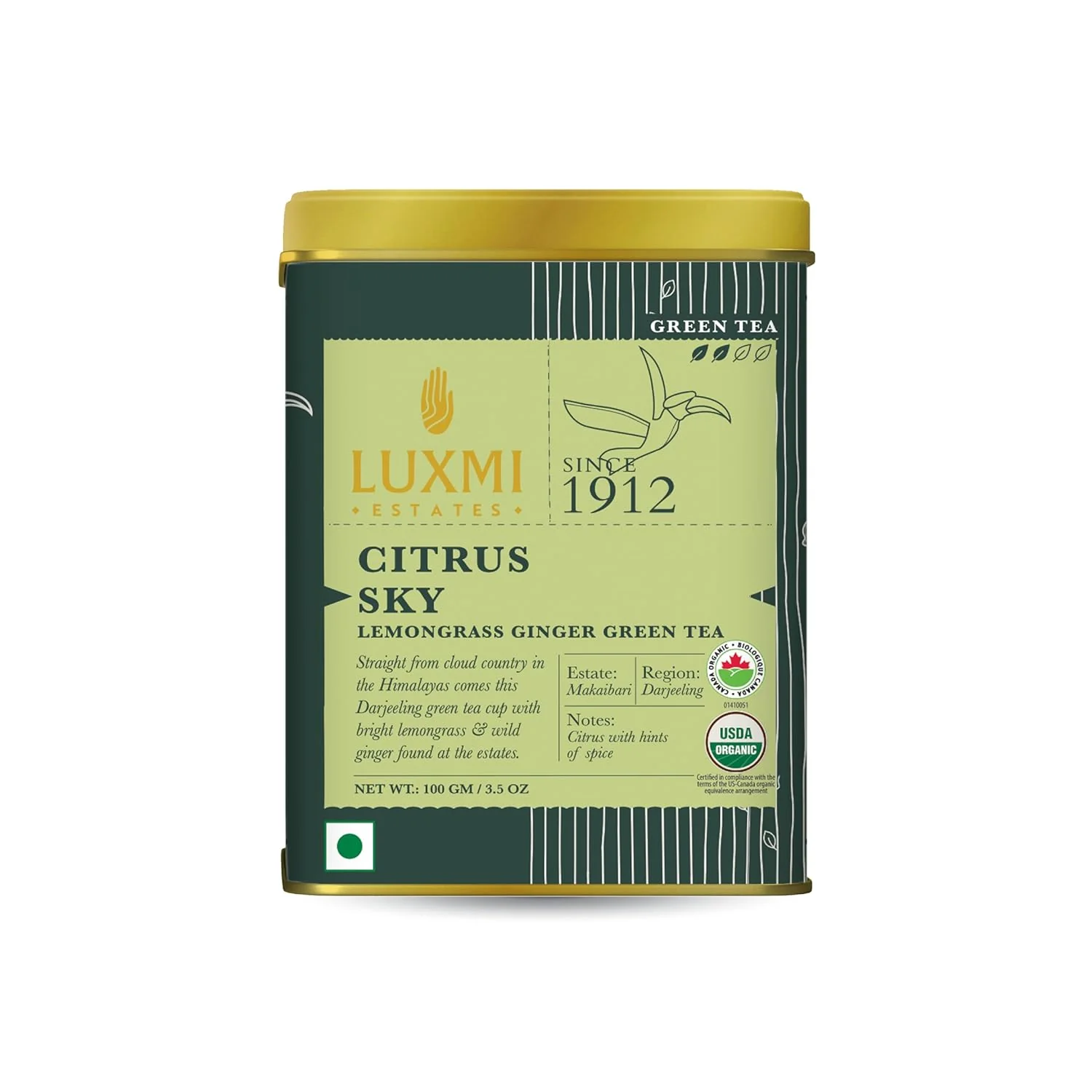 Crafted Luxmi Estates Citrus Sky Green Tea 100gm Tin Organic Darjeeling Green Tea Classic