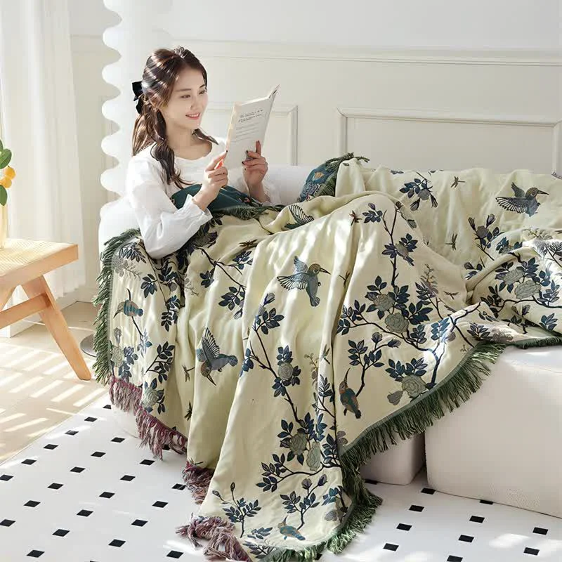 Fast Bird Flower Cotton Gauze Reversible Quilt Premium