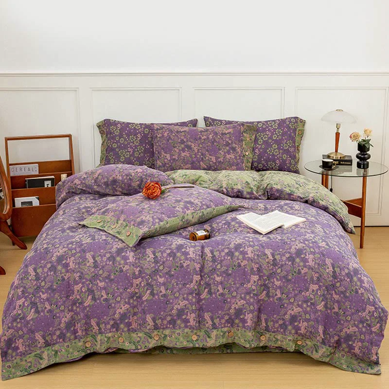 First-Class Boho Flower Purple Cotton Bedding Sets 4PCS Refined